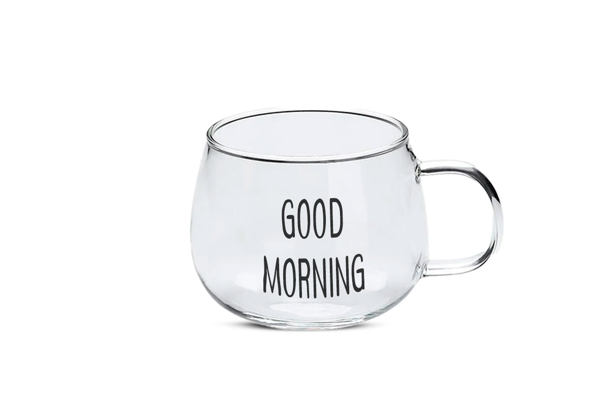 SET DE TAZA DE VIDRIO GOOD MORNIG.